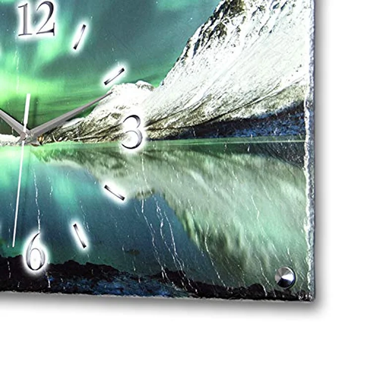 Kreative Feder Polarlicht Natur-Landschaft Berge Luxus Designer Wanduhr Funkuhr aus Schiefer Made in Germany leise ohne Ticken 50cm x 25cm WS312FL (leises Funkuhrwerk) in Schiefer-Optik – Bild 3