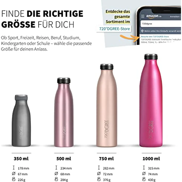 Trinkflasche Doppelwandig Edelstahl 500ml Isolierflasche 720°DGREE milkyBottle fuchsia pink – Bild 3
