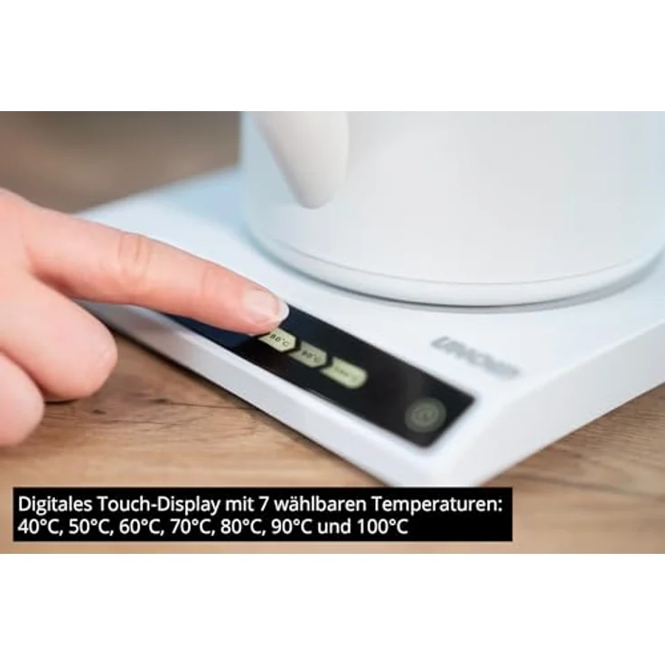 Unold 18210 Blitzkocher Clara, Wasserkocher 1.000 W, 0,6L, 360° drehbar, mit Warmhaltefunktion und 7 Temperaturen (40°C - 100°C), Weiß – Bild 5