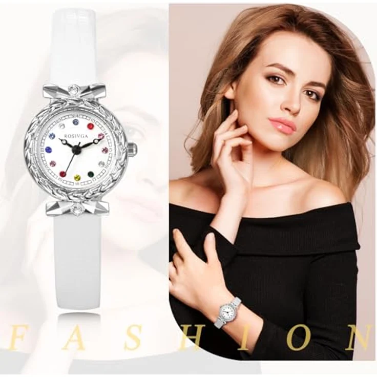 JewelryWe Damenuhr Kleine Leder Uhren, Exquisite Analog Quarz Armbanduhr in Weiß mit farbigen Diamantskala und ultradünnem Design – Bild 2