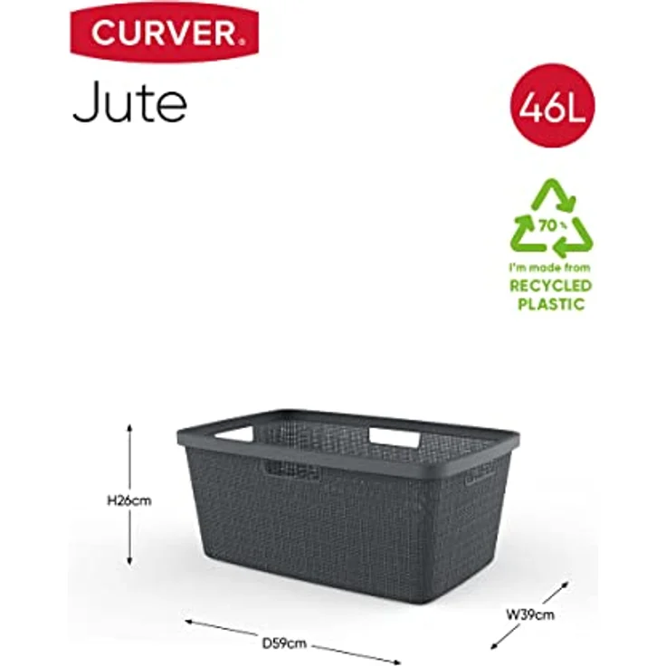 Curver Wäschekorb Jute 46 l, Grau, 70% recycelbar, mit 4 Griffen für einfachen Transport – Bild 3