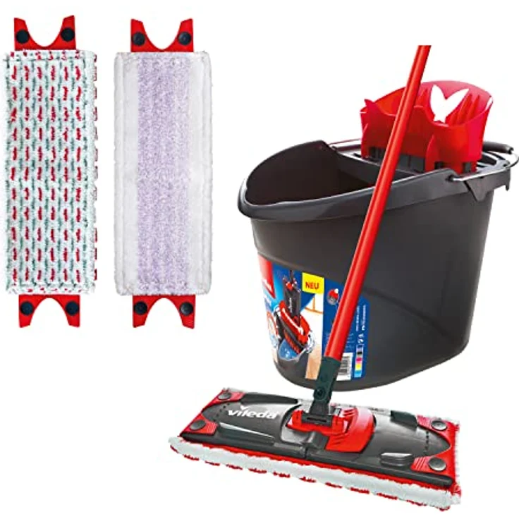 Vileda Ultramax Bodenwischer Komplett Set, Sensitive Bezug inkl. 2 Ersatzbezüge und Eimer mit Powerpresse, Wischmopp mit Stiel, für sensible Böden, Stiellänge 75-130cm, Eco-Verpackung – Bild 1