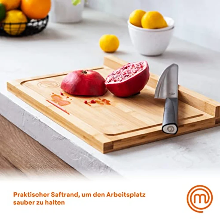 MasterChef Schneidebrett Holz, Holzbrett Küche aus Bambus, für Fleisch, Schinken, Brot, Käse, mit Saftrille und Anschlagkante, Natürlich, Nachhaltig,38.5L x 26.5W x 2H – Bild 5