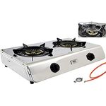 NJ-60SD Edelstahl Gaskocher 2 flammig Campingkocher 7,6 KW mit Zündsicherung 60cm mit Turboflamme inkl. Gasherdkreuz + Gasschlauch-Regler Set