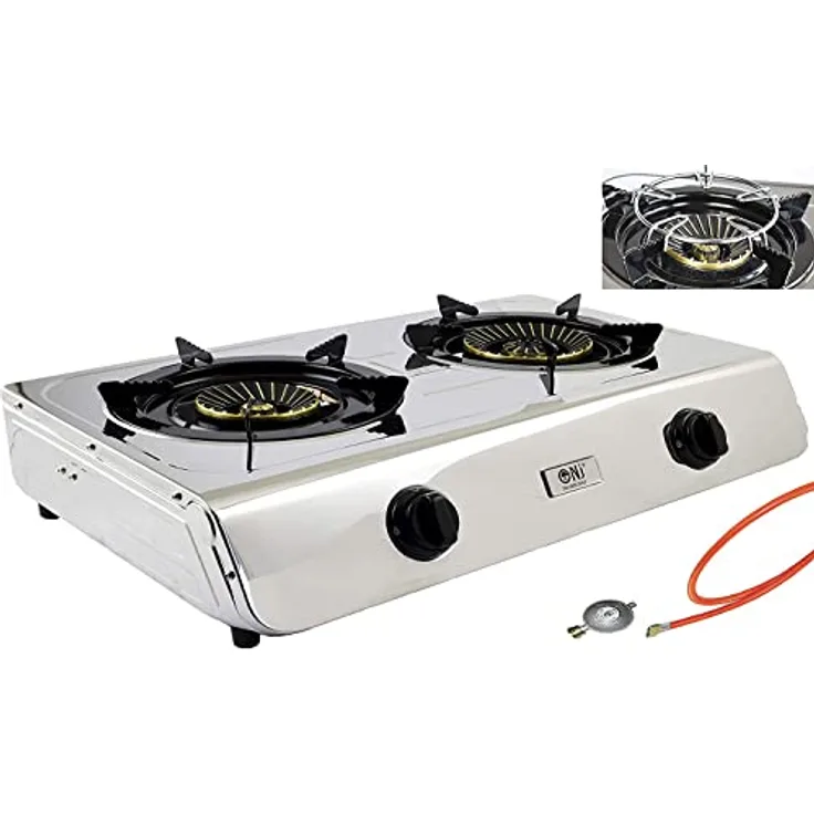 NJ-60SD Edelstahl Gaskocher 2 flammig Campingkocher 7,6 KW mit Zündsicherung 60cm mit Turboflamme inkl. Gasherdkreuz + Gasschlauch-Regler Set