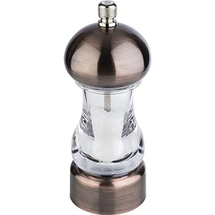 APS Salzmühle COPPER - Gewürzmühle in Kupfer-Optik, Mahlwerk aus Carbonstahl, Mahlgrad stufenlos einstellbar - Abmessungen: 6 x 6 cm/Höhe: 15 cm/Farbe: Kupfer, Transparent