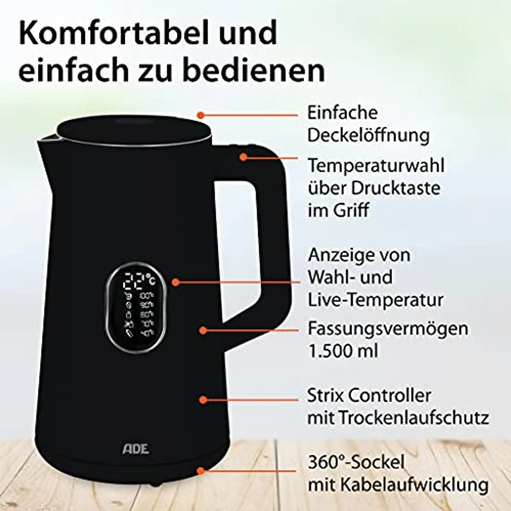 ADE Energiesparender Wasserkocher mit Temperatureinstellung 40-100°C | 1,5 l | Edelstahl | BPA-frei | schwarz matt – Bild 2