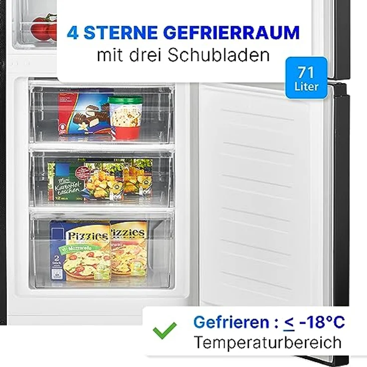 Bomann® Kühlschrank mit Gefrierfach 180cm hoch | Kühl Gefrierkombination 268L mit 4 Ablagen & 3 Schubladen | Türanschlag wechselbar | leise Kühlgefrierkombi mit 36db | Kühlschrank KG 7353 schwarz-inox – Bild 5