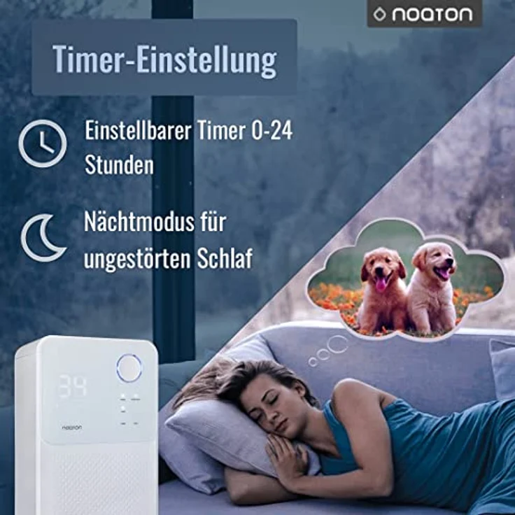 Noaton Luftentfeuchter und Luftreiniger DF 4114 + 2x Kohlefilter C2, max. 13,5 L/Tag, für Räume bis 25m²/63 m3, max 180W, Ablaufschlauch, Wäschetrocknung, Gegen Feuchtigkeit, Schimmel, in Weiß – Bild 5