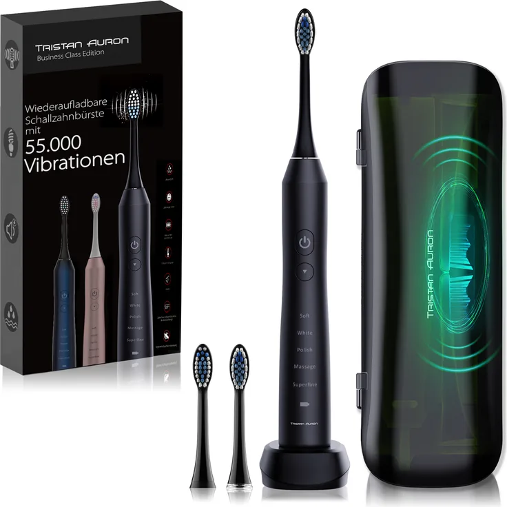 Tristan Auron Schallzahnbürste Business Class - Schallzahnbürste mit UV-Case & 2 Aufsätzen – Sonic Technologie – 60 Tage Akkulaufzeit – Ideal für Reisen & tägliche Anwendung (Schwarz)