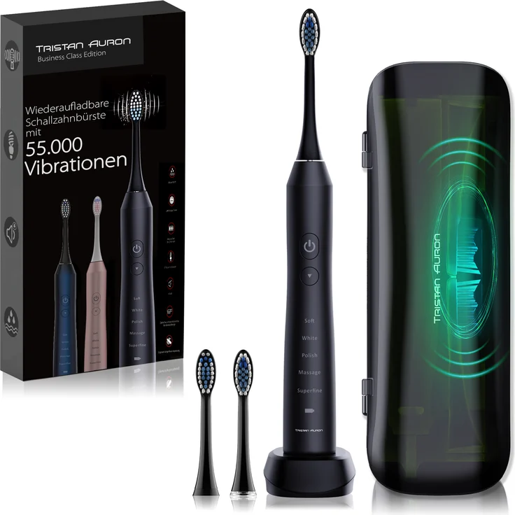 Tristan Auron Schallzahnbürste Business Class - Schallzahnbürste mit UV-Case & 2 Aufsätzen – Sonic Technologie – 60 Tage Akkulaufzeit – Ideal für Reisen & tägliche Anwendung (Schwarz)