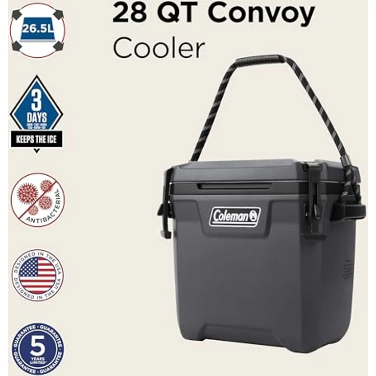 Coleman Convoy 28 QT, Kühlbox (29 l) mit antimikrobieller Innenbeschichtung, grau, bis zu 72 Stunden Kühlwirkung, integrierter Flaschenöffner – Bild 2