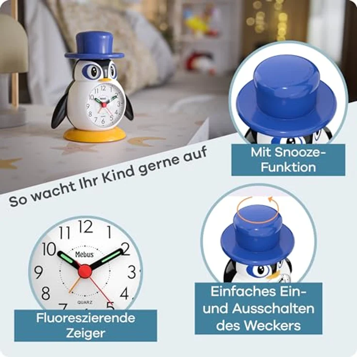 Mebus Kinderwecker 26514, Analoger Wecker mit Quarzuhrwerk, Pinguin-Motiv, Hintergrundbeleuchtung in Blau, Snooze-Funktion, Leuchtzeiger – Bild 4