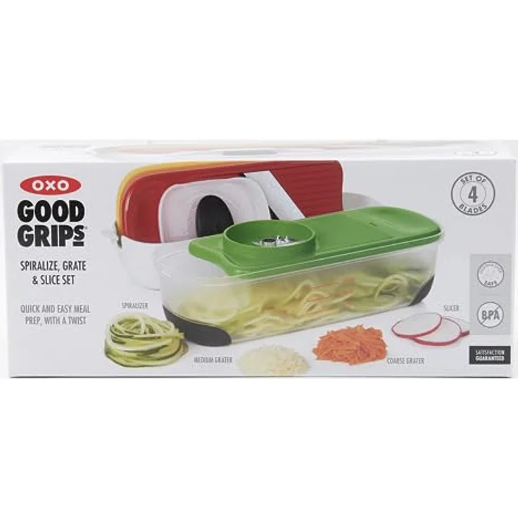OXO Good Grips Spiralschneider-, Reibe- + Hobel-Set Rot, Grün, Orange, Gelb – Bild 3