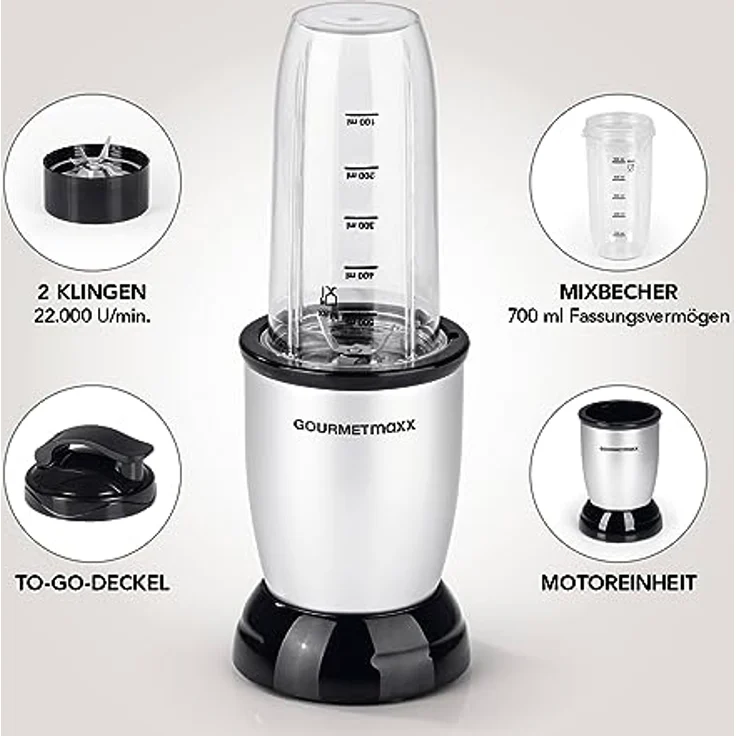 GOURMETmaxx Smoothie Maker & Standmixer 4tlg. Set - 500W & 22.000 U/min | Elektrischer Mini-Mixer 700ml mit 9 Funktionen | Kompakter Nutrition Blender inkl. To-Go Becher | Auslaufsicher & BPA frei – Bild 4