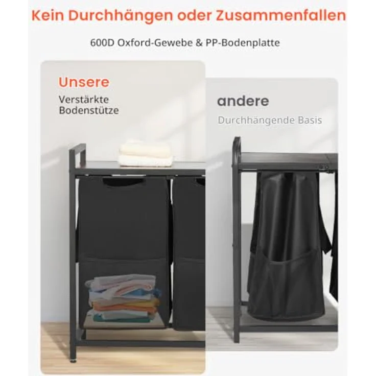 VEVOR Wäschekorb Wäschesammler mit Holztischplatte, 3 ausziehbare Beutel aus 600D Oxford Stoff, Metallrahmen, Wäsche-Sortiersystem für schmutzige Kleidung, schwarz – Bild 5