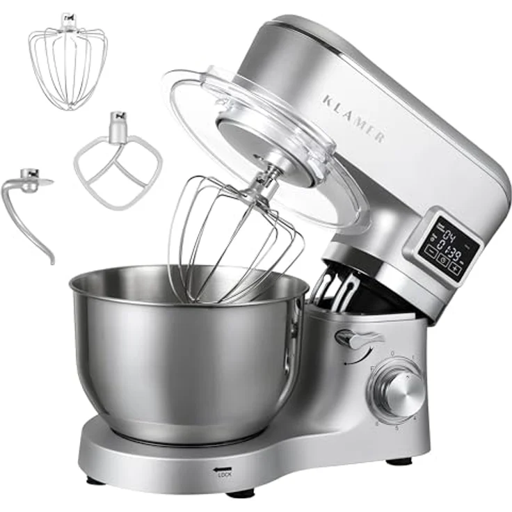 KLAMER Küchenmaschine Classic 1400 W, 5,5 L Edelstahlschüssel, Knet-, Rühr- & Schneebesenaufsatz, Timer & LED-Display, stabile Saugnapffüße, ideal für Brot-, Kuchen- & Pizzateig – Bild 1