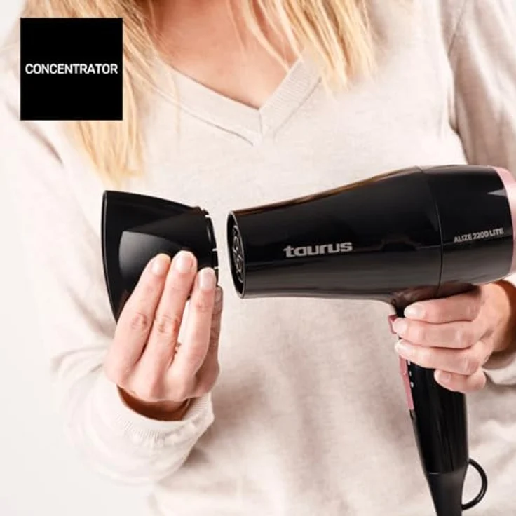 Taurus Alize 2200 Lite Haartrockner, 2200 W, 2 Geschwindigkeits- und Temperatureinstellungen, Kaltluftstoß, kompakt, ultraleicht, tragbar, inkl. Konzentrator, Schwarz – Bild 5