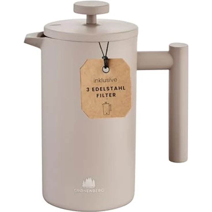 GRØNENBERG French Press Kanne, Edelstahl Kaffeebereiter mit Thermo-Effekt, 0,6 oder 1 Liter, inkl. 3 Ersatz-Filter – Bild 1