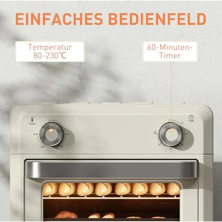HOMCOM Mini Backofen mit Umluft 10 L, 1000W, temperaturregulierbar 80-230℃, 60 Min. Timer, Innenbeleuchtung, cremeweiß – Bild 5