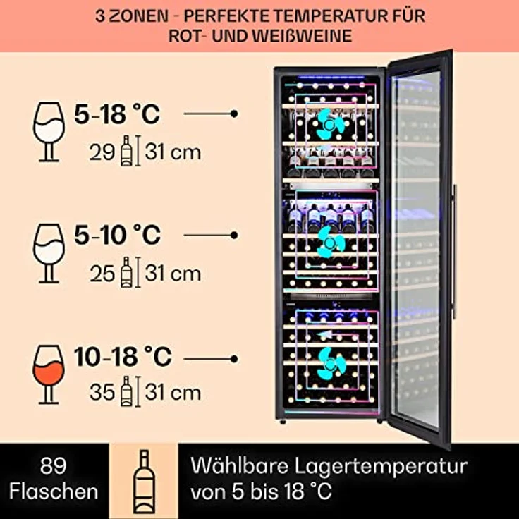Klarstein Einbau-Weinkühlschrank, 246 L Getränkekühlschrank Schmal, 3 Zonen Weinkühlschrank mit Glastür, Indoor/Outdoor Beersafe, Großer Kühlschrank, 5-18°C, 89 Flaschen – Bild 3