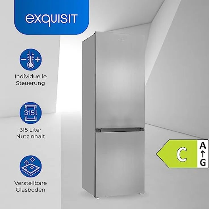Exquisit Kühl-Gefrierkombination KGC320-95-E-040C inoxlook | 315 L Nutzinhalt | 60cm Breite | Kühl-Gefrier-Kombination | Türanschlag wechselbar – Bild 2