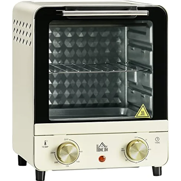 HOMCOM Minibackofen 15L, Pizza-Ofen mit Umluft, 1000 W Elektrischer Mini Ofen inkl. Backblech Set, Krümelblech, 1 Std. Timer, 60-230℃, Cremeweiß