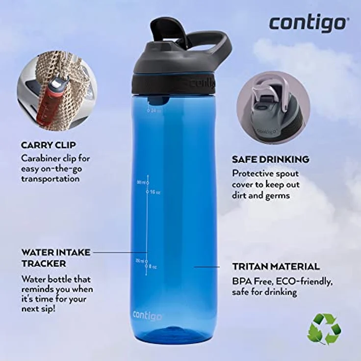 Contigo Cortland Autoseal Wasserflasche, große BPA-freie Trinkflasche, auslaufsichere Sportflasche, spülmaschinenfest, ideal für Sport, Radfahren, Laufen, Wandern, 720 ml – Bild 3