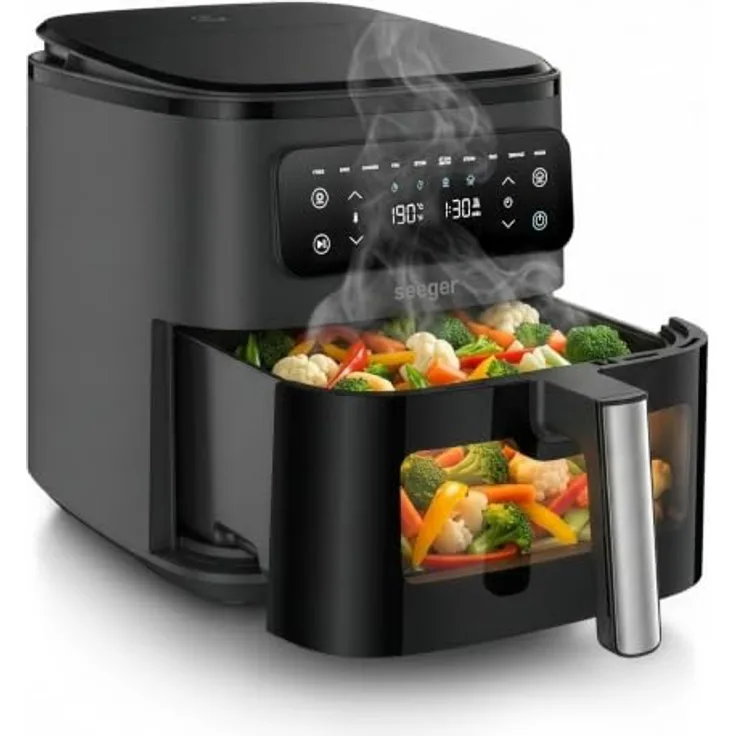 SEEGER SteamFry Heißluftfritteuse mit Dampffunktion, 7 Liter, 8 automatische Kochprogramme, Sichtfenster