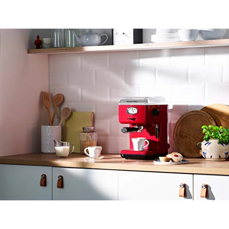 Russell Hobbs Espressomaschine Retro Rot Siebträger (15 Bar, 2 Tassen-Einsätze, 1,1l abnehmbarer Wassertank, Dampf-Milchschaumdüse, Portionierlöffel mit Tamper) Kaffeemaschine, 28250-56 – Bild 4