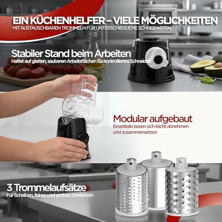 BI International Gemüseschneider mit Kurbel, Trommelreibe mit 3 Edelstahl-Klingen, stabiler Saugfuß und praktischer Lebensmittelschieber – Bild 3
