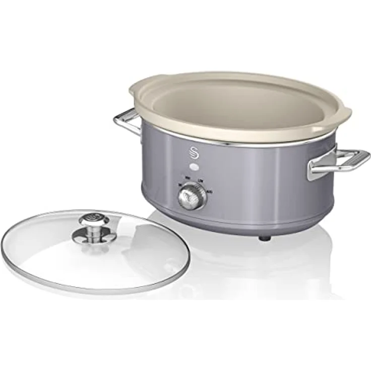 Swan Retro SF17021GRNEU Slow Cooker 3,5L Abnehmbarer Kochbehälter, PFOA- und PTFE-freier Keramischer Antihaft-Behälter, 3 Temperaturstufen, Glasdeckel, Vintage-Design, Grau, 200W – Bild 5