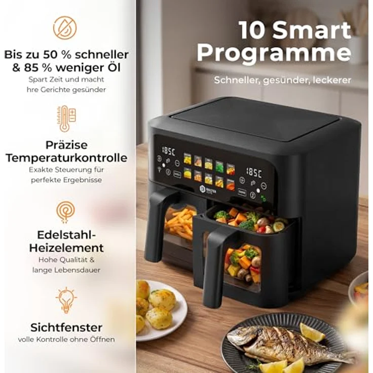 Balter Heißluftfritteuse HL-901, 2 Kammern mit Sichtfenster, 9L (2x4,5L), 2400W, 10 Programme, Dual Zone & Sync Finish, Rezeptheft – Bild 2