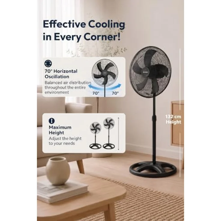 KUMTEL Standventilator 50 cm, 60 W, höhenverstellbar, 3 Geschwindigkeitsstufen, 70° Oszillation, schwarz – Bild 6