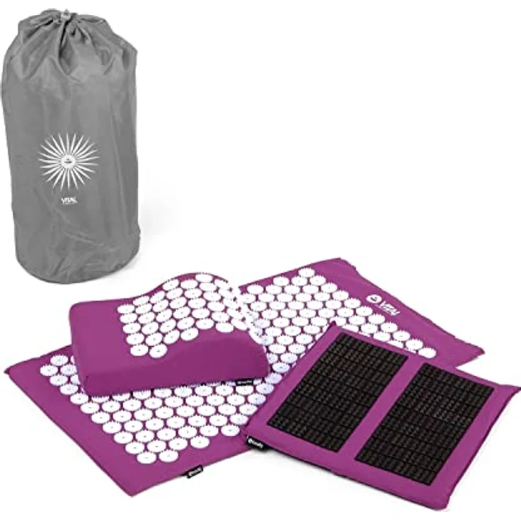 Akupressur-Set VITAL DELUXE SPIKY: Akupressur-Matte (74 x 44 cm), Kisssen und -Fußmatte im günstigen Set, vitalisierend, für Rücken und Nacken (aubergine)