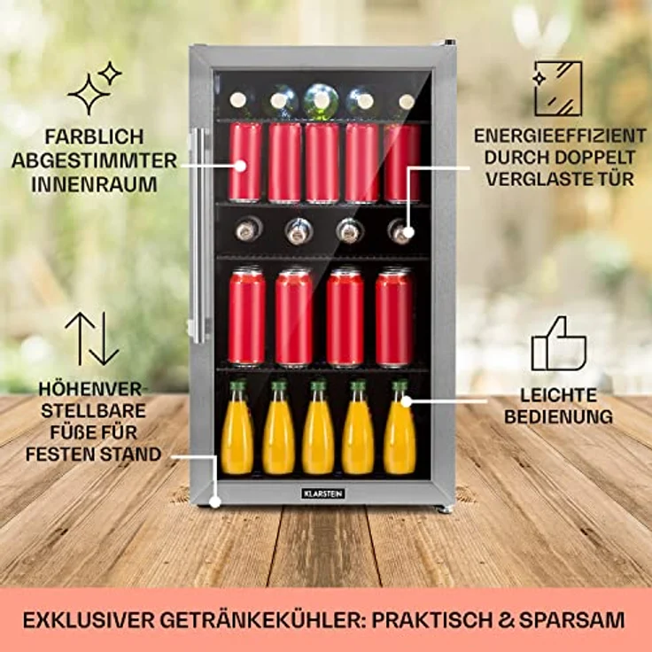 Klarstein Mini Kühlschrank mit Glastür, 98L Getränkekühlschrank, leise, verstellbare Ablagen, Edelstahl – Bild 5