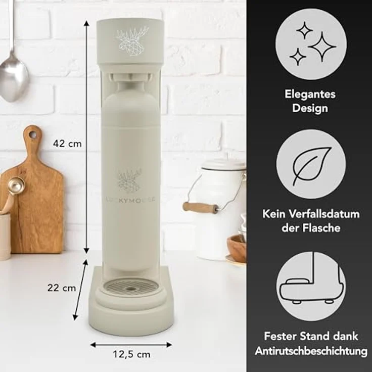 Luckymoose Infinity Wassersprudler mit 2x 1,25L spülmaschinenfesten Edelstahlflaschen – CO₂-sparende Mineralwasser Maschine, kompatibel mit blauen 60l CO₂-Zylindern – Bild 2