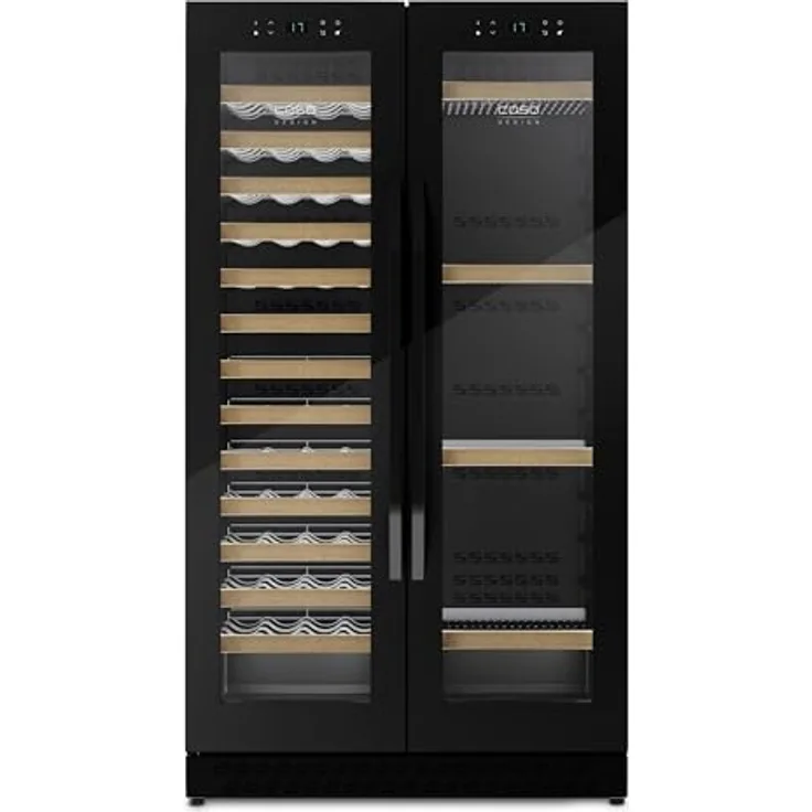 Caso WineComfort 126, Eleganter Weinkühlschrank für 122 Flaschen, 2 Zonen (5–20 °C), leise Kompressortechnik, UV-Schutzglas, LED-Touch-Display, freistehend & einbaufähig, schwarz