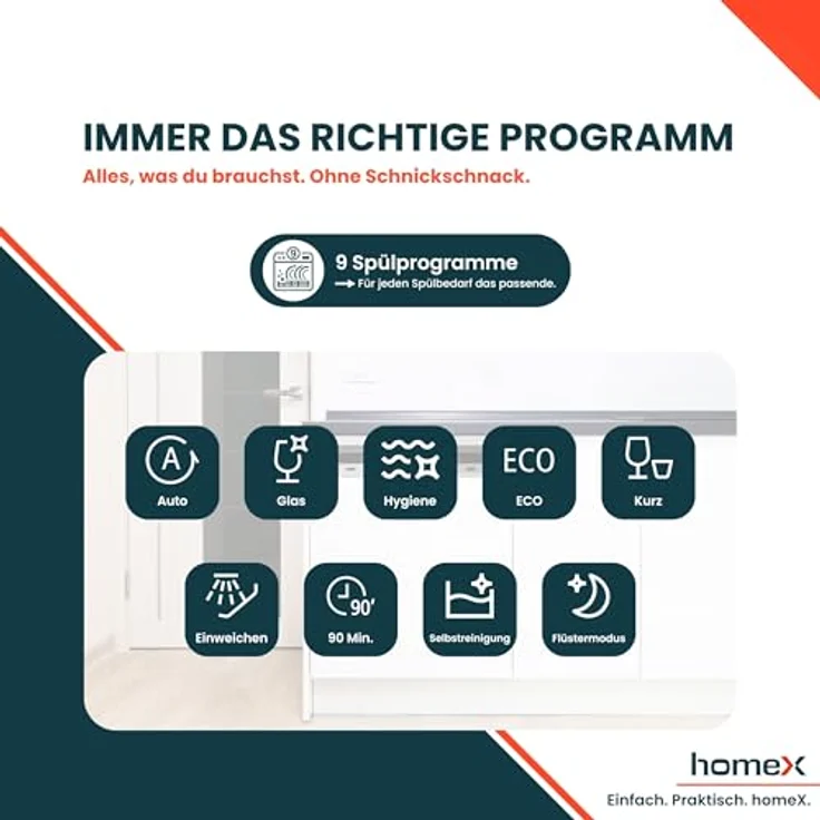 homeX DWSI601442A Geschirrspüler 60 cm, teilintegrierbar, 14 Maßgedecke, 9 Programme, leiser Betrieb 42 dB, Energieeffizienzklasse A – Bild 8