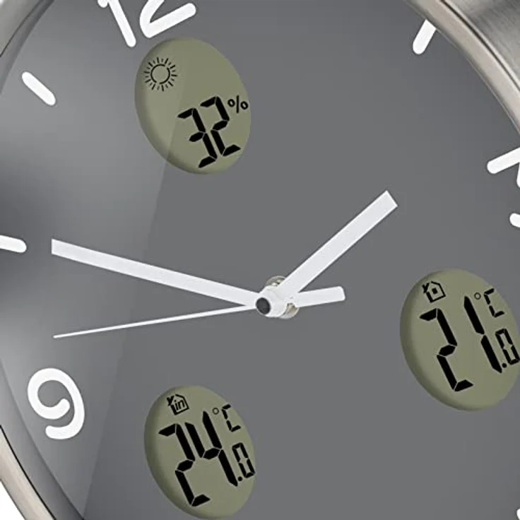 Bresser MyTime io NX Funk-Wanduhr mit Thermometer und Hygrometer - 30 cm Durchmesser, grau, 8020211MGU000 – Bild 5