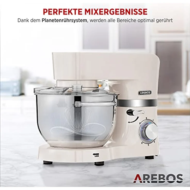 Arebos Küchenmaschine 1500W Creme | Knetmaschine mit 2x Edelstahl-Rührschüsseln 4,5 & 5,5L | Geräuscharm | Küchenmixer mit Rührhaken, Knethaken, Schlagbesen und Spritzschutz | 6 Geschwindigkeiten – Bild 5