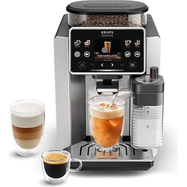 KRUPS EA918G Sensation Elite Hot & Cold Kaffeevollautomat, 30 Rezepte, Silber, Touchscreen mit Milk Maestro und Cold Brew Technologie