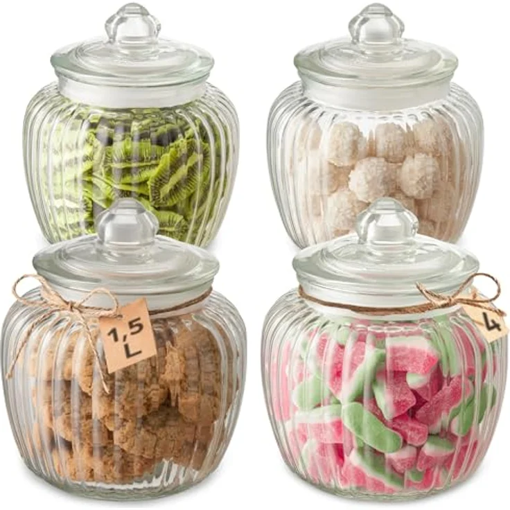 Praknu Candy Bar Gläser Groß 1,5 L Vintage Bonbonglas - Luftdicht & Spülmaschinenfest - Set mit 4 Gläsern & Etiketten – Bild 1