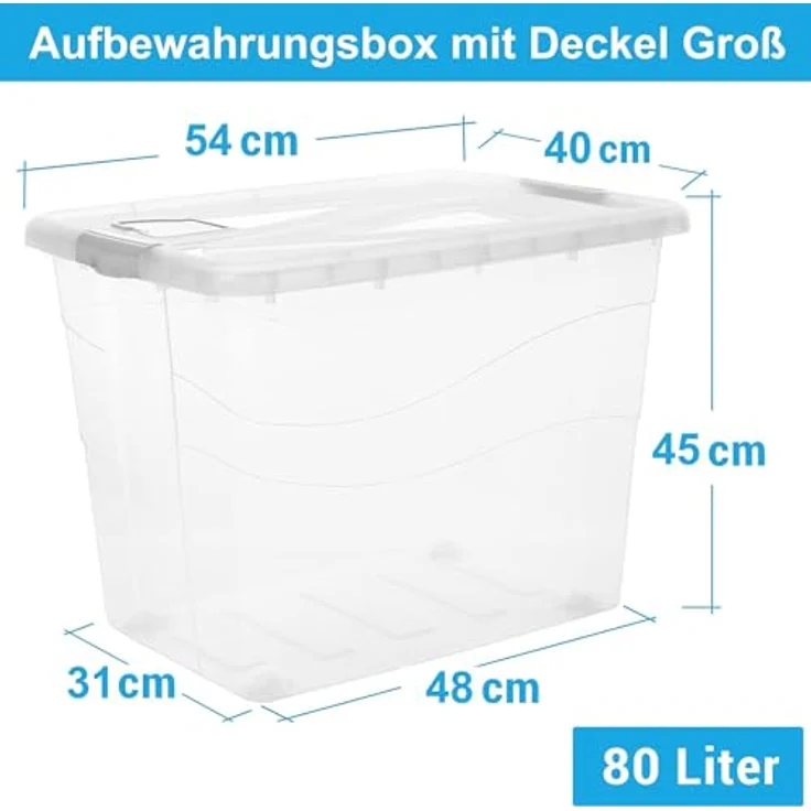 2friends Aufbewahrungsbox mit Deckel Groß XXL, 3er Set, 80 L, stapelbare Plastikboxen mit Rollen und Clip-Griffen, Modell Adis – Bild 2