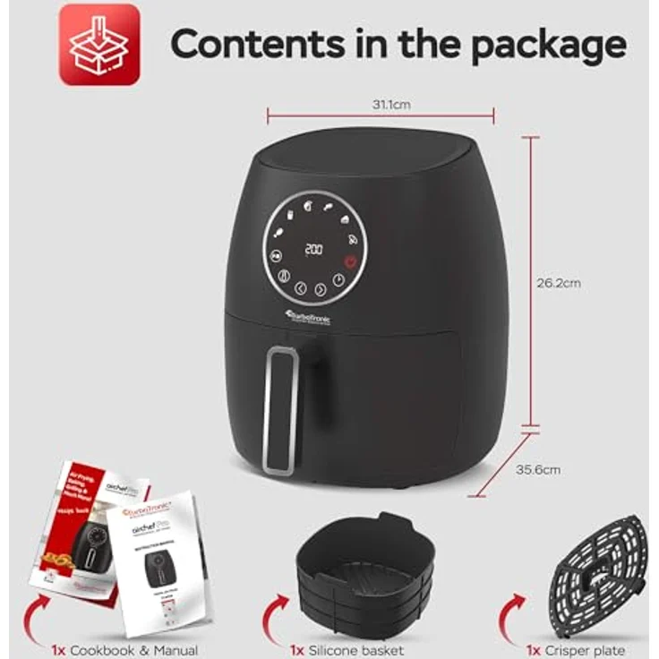 TurboTronic By Z-LINE Heißluftfritteuse 3,5L NEU mit Silikoneinlage Airfyer für 0,3 kg Pommes Power 75-200°C 1300 W, 6 Programme Heissluftfritteuse Easy Air Fryer Braten Rösten, in schwarz – Bild 2