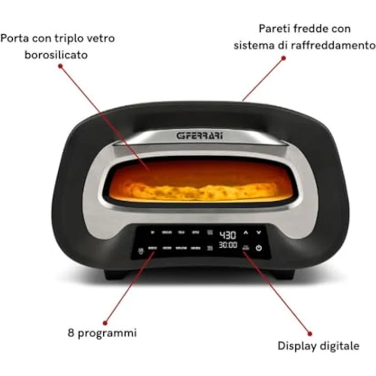 G3Ferrari Pronto Pizza 2 Minuti-Ofen, Digitales Multifunktions-Pizzaofen-Set mit feuerfestem Stein, bis zu 430°C, schwarz – Bild 3