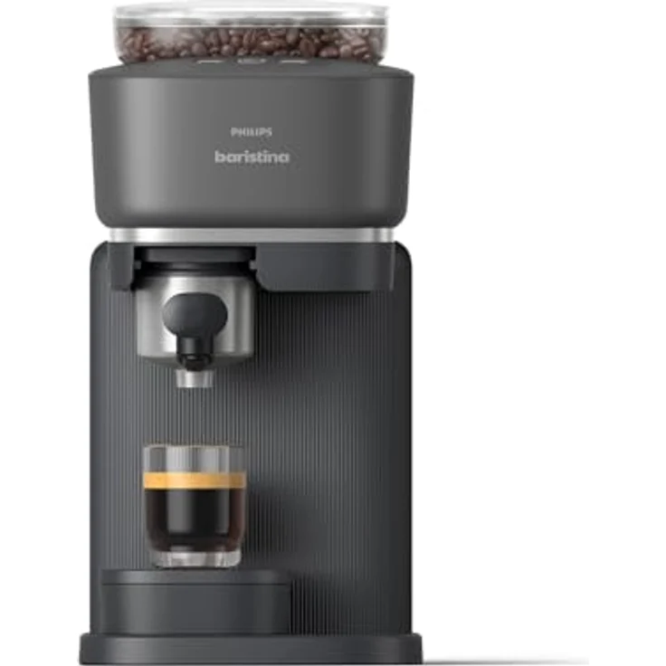 Philips Baristina Espressomaschine - Real Espresso, made simple. Kompakte Kaffeemaschine, Schwarzgrau mit schwarzgrauem Siebträger, 16-bar-Pumpendruck, automatisches Mahlwerk, Cafe Crema (BAR300/60) – Bild 1