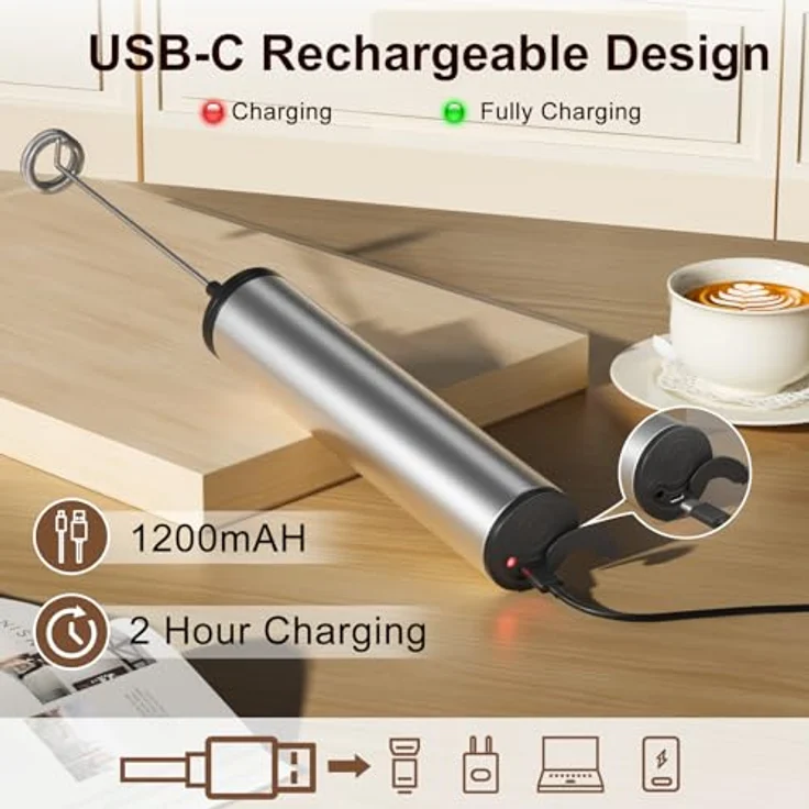 MOSUO Elektrischer Milchaufschäumer mit doppeltem Quirl, USB-C Wiederaufladbar, 2 Geschwindigkeitsstufen, Edelstahl Rührkopf, für Kaffee/Latte/Cappuccino, Schwarz – Bild 3