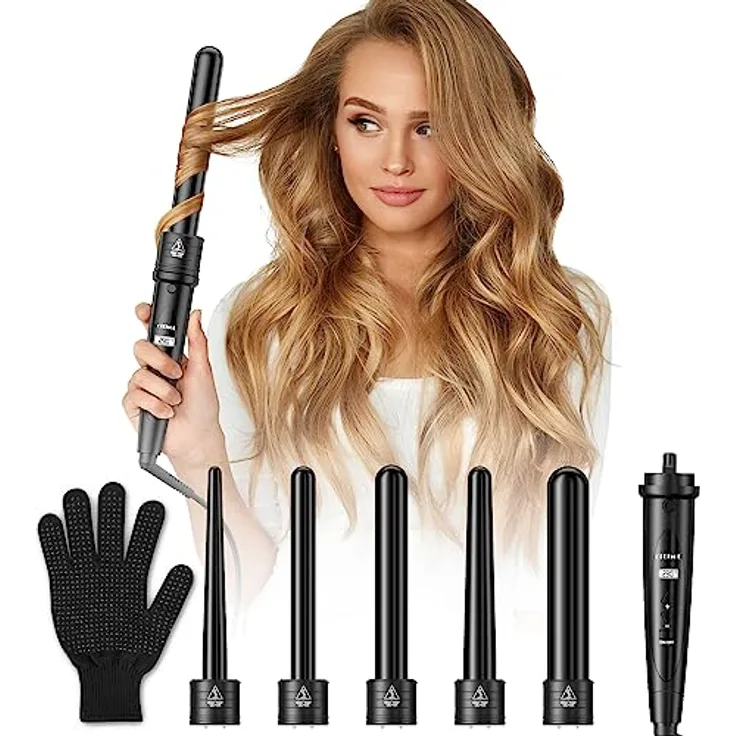 Lockenstab 5 in 1 LCD-Display 80-230°C, Keramikbeschichtung Austauschbare Multifunktions Lockenwickler Set, Große und Kleine Welleneisen Kit mit Handschuhe