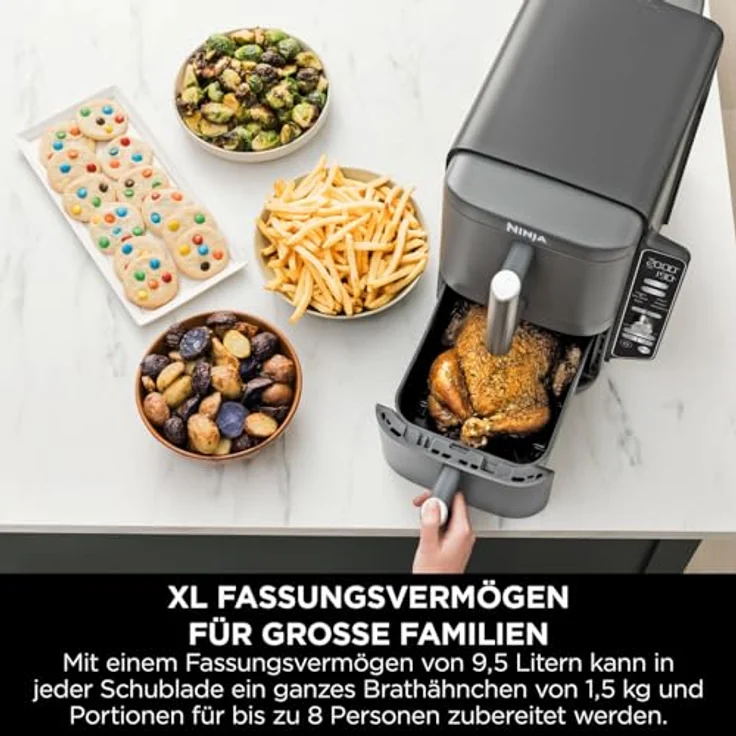 Ninja Double Stack XL Air Fryer Heißluftfritteuse, 9,5L Airfryer, Doppelkorb-Heißluftfritteuse mit 4 Kochstufen, 2 Körben, 2 Rosten, platzsparendes Design, 6 Kochfunktionen, 8 Portionen, Grau SL400EU – Bild 5
